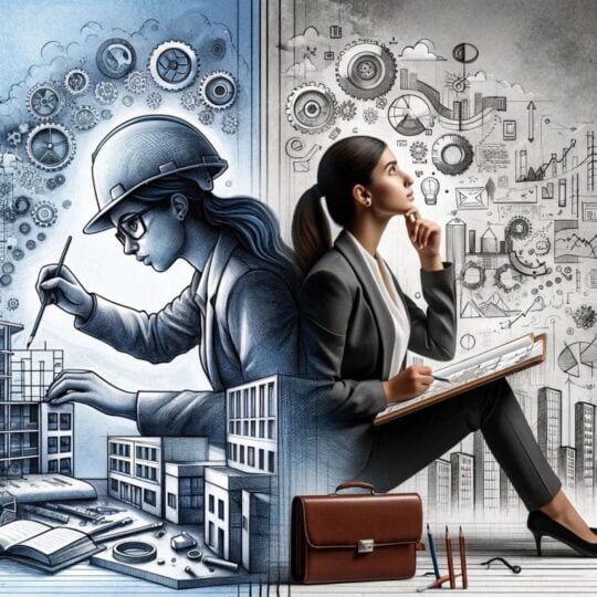 A picture divided in half - both sides with a woman at work. Side business.