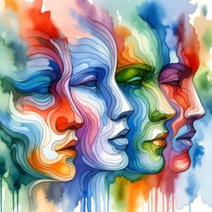 1703682050799 Emotions. 4 faces, profile view, with rainbow colors.