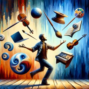 1707224404960 Drawing of a person juggling items including a violin, paintbrush, computer, and thread. Passion.