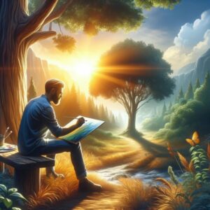 1709816557811 Person sketching in the woods, with sunlight streaming through. Identify your passion. Work for free.
