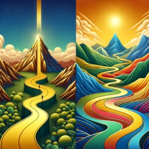 A picture of the two same paths showing a typical golden path and a rainbow path with many options.