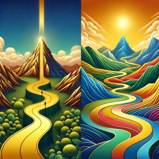 A picture of the two same paths showing a typical golden path and a rainbow path with many options.