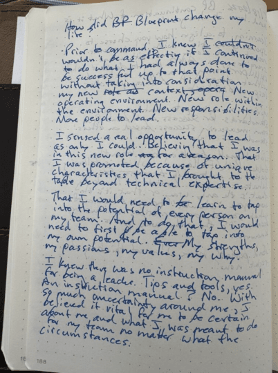 Coach Brandon Jenkins writes about the process he went through with Blueprint. His journal entry is pictured.