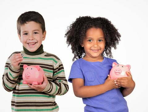 Four funny children with money-box Four funny children with money-box